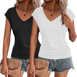 Zeagoo Womens Summer Tops Cute V Neck Cap Sleeve Tshirts Loose Fit Dressy Casual Shirts Ruched Top Tees(Black white)