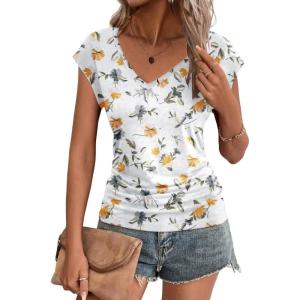 Zeagoo Womens Summer Tops Cute V Neck Cap Sleeve Tshirts Loose Fit Dressy Casual Shirts Ruched Top Tees(Floral White)
