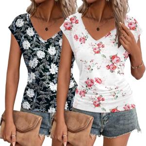 Zeagoo Womens Summer Tops Cute V Neck Cap Sleeve Tshirts Loose Fit Dressy Casual Shirts Ruched Top Tees(Flower Black flower White)