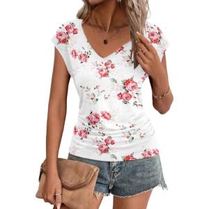 Zeagoo Womens Summer Tops Cute V Neck Cap Sleeve Tshirts Loose Fit Dressy Casual Shirts Ruched Top Tees(Flower White)