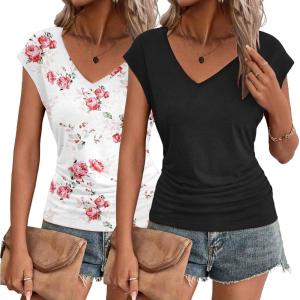 Zeagoo Womens Summer Tops Cute V Neck Cap Sleeve Tshirts Loose Fit Dressy Casual Shirts Ruched Top Tees(Flower White black)
