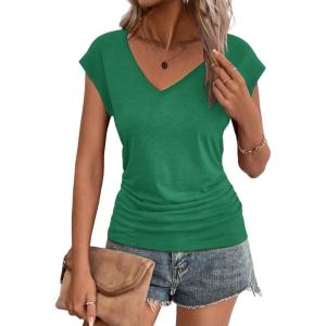 Zeagoo Womens Summer Tops Cute V Neck Cap Sleeve Tshirts Loose Fit Dressy Casual Shirts Ruched Top Tees(Green)