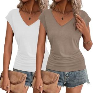 Zeagoo Womens Summer Tops Cute V Neck Cap Sleeve Tshirts Loose Fit Dressy Casual Shirts Ruched Top Tees(Khaki  White)