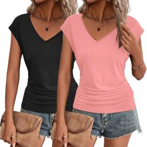 Zeagoo Womens Summer Tops Cute V Neck Cap Sleeve Tshirts Loose Fit Dressy Casual Shirts Ruched Top Tees(Pink  Black)