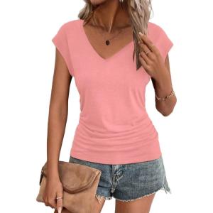 Zeagoo Womens Summer Tops Cute V Neck Cap Sleeve Tshirts Loose Fit Dressy Casual Shirts Ruched Top Tees(Pink)