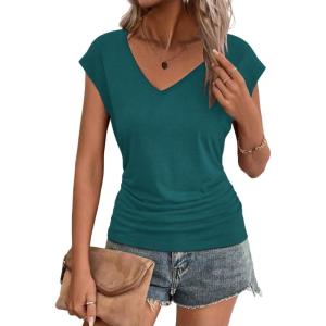 Zeagoo Womens Summer Tops Cute V Neck Cap Sleeve Tshirts Loose Fit Dressy Casual Shirts Ruched Top Tees(Teal)