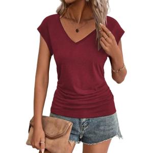 Zeagoo Womens Summer Tops Cute V Neck Cap Sleeve Tshirts Loose Fit Dressy Casual Shirts Ruched Top Tees(Wine Red)