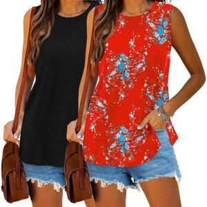 Zeagoo Womens Summer Tops Dressy Casual High Neck Sleeveless Shirts Basic Loose Fit Tank Tops Beach Vacation 2 Pack(Black&red Flower)