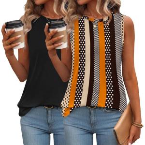 Zeagoo Womens Summer Tops Dressy Casual High Neck Sleeveless Shirts Basic Loose Fit Tank Tops Beach Vacation 2 Pack(F-black&khaki Stripe)