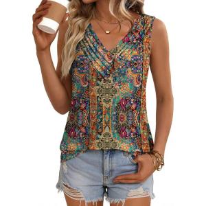 Zeagoo Womens Tank Tops 2026 Summer Sleeveless Loose Fit Tops V Neck Pleated Trendy Fashion Business Casual Shirts(Mz721 Boho)