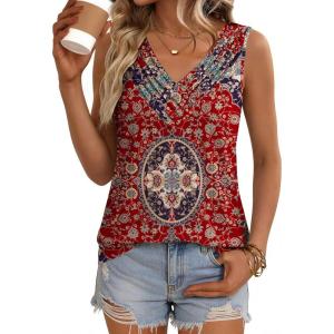Zeagoo Womens Tank Tops 2026 Summer Sleeveless Loose Fit Tops V Neck Pleated Trendy Fashion Business Casual Shirts(Mz870 Floral)