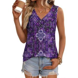 Zeagoo Womens Tank Tops 2026 Summer Sleeveless Loose Fit Tops V Neck Pleated Trendy Fashion Business Casual Shirts(Mz907 Boho)