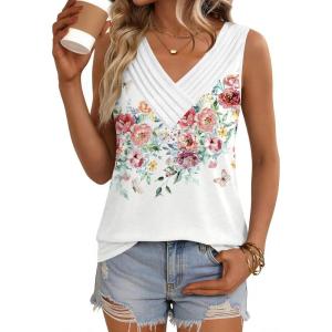 Zeagoo Womens Tank Tops 2026 Summer Sleeveless Loose Fit Tops V Neck Pleated Trendy Fashion Business Casual Shirts(Wf67 Flower)