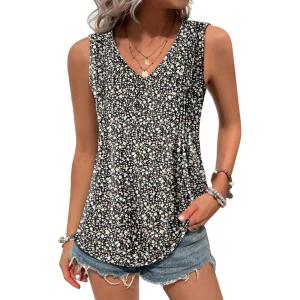 Zeagoo Women’s Tank Tops Loose Fit Casual V Neck Boho Summer Pleated Sleeveless Shirts Basic Trendy Outfits Clothes(Black Apricot Flower)