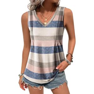 Zeagoo Women’s Tank Tops Loose Fit Casual V Neck Boho Summer Pleated Sleeveless Shirts Basic Trendy Outfits Clothes(Colorful Stripe)