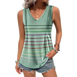 Zeagoo Women’s Tank Tops Loose Fit Casual V Neck Boho Summer Pleated Sleeveless Shirts Basic Trendy Outfits Clothes(Cyan Colorful Stripe)