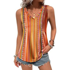 Zeagoo Women’s Tank Tops Loose Fit Casual V Neck Boho Summer Pleated Sleeveless Shirts Basic Trendy Outfits Clothes(Orange Boho Stripe)