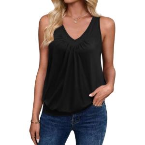 Zeagoo Womens Tank Tops Loose Fit V Neck Ruched Sleeveless Tops Casual Basic Banded Shirts S-XXL(Black)