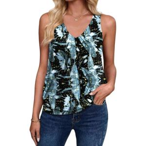 Zeagoo Womens Tank Tops Loose Fit V Neck Ruched Sleeveless Tops Casual Basic Banded Shirts S-XXL(Black Blue Yellow Printed)
