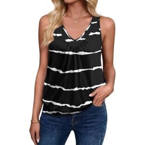 Zeagoo Womens Tank Tops Loose Fit V Neck Ruched Sleeveless Tops Casual Basic Banded Shirts S-XXL(Black Stripe)
