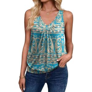 Zeagoo Womens Tank Tops Loose Fit V Neck Ruched Sleeveless Tops Casual Basic Banded Shirts S-XXL(Green Cream)