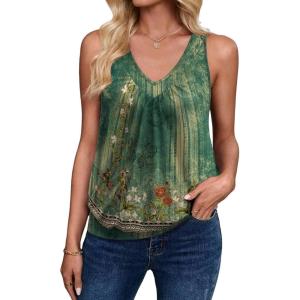 Zeagoo Womens Tank Tops Loose Fit V Neck Ruched Sleeveless Tops Casual Basic Banded Shirts S-XXL(Green Floral)