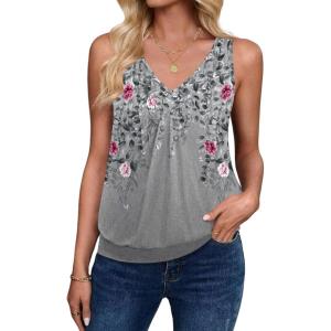 Zeagoo Womens Tank Tops Loose Fit V Neck Ruched Sleeveless Tops Casual Basic Banded Shirts S-XXL(Grey Pink Floral)