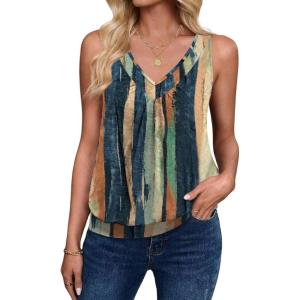 Zeagoo Womens Tank Tops Loose Fit V Neck Ruched Sleeveless Tops Casual Basic Banded Shirts S-XXL(Navy Khaki Green Orange Stripe)