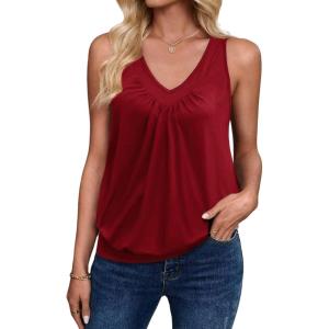 Zeagoo Womens Tank Tops Loose Fit V Neck Ruched Sleeveless Tops Casual Basic Banded Shirts S-XXL(Red)
