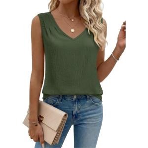 Zeagoo Womens Tank Tops Pleated V Neck Business Casual Sleeveless Shirts Trendy Dressy Textured Summer Work Blouse(Army Green)