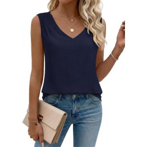 Zeagoo Womens Tank Tops Pleated V Neck Business Casual Sleeveless Shirts Trendy Dressy Textured Summer Work Blouse(Navy Blue)