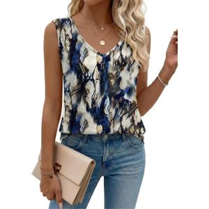 Zeagoo Womens Tank Tops Pleated V Neck Business Casual Sleeveless Shirts Trendy Dressy Textured Summer Work Blouse(Zr220 Tiedye)