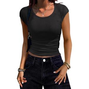 Zeagoo Womens Tank Tops Ribbed Knit Crew Neck Shirts Cap Sleeve Slim Fitted Ruched Basic Tees(B-black)