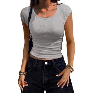 Zeagoo Womens Tank Tops Ribbed Knit Crew Neck Shirts Cap Sleeve Slim Fitted Ruched Basic Tees(B-gray)