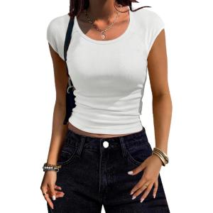 Zeagoo Womens Tank Tops Ribbed Knit Crew Neck Shirts Cap Sleeve Slim Fitted Ruched Basic Tees(B-white)