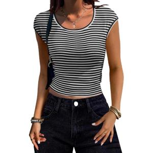 Zeagoo Womens Tank Tops Ribbed Knit Crew Neck Shirts Cap Sleeve Slim Fitted Ruched Basic Tees(F-black Striped)