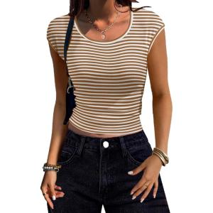 Zeagoo Womens Tank Tops Ribbed Knit Crew Neck Shirts Cap Sleeve Slim Fitted Ruched Basic Tees(F-brown Striped)