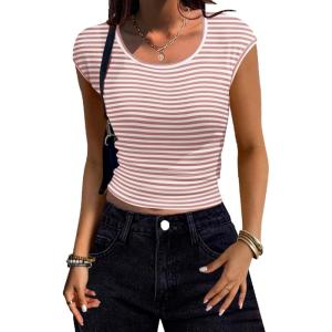 Zeagoo Womens Tank Tops Ribbed Knit Crew Neck Shirts Cap Sleeve Slim Fitted Ruched Basic Tees(F-pink Striped)