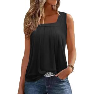 Zeagoo Womens Tank Tops Summer Sleeveless Loose Fit Square Neck Pleated Shirts Banded Basic Casual Trendy Clothes(B-black)