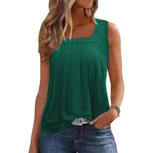 Zeagoo Womens Tank Tops Summer Sleeveless Loose Fit Square Neck Pleated Shirts Banded Basic Casual Trendy Clothes(B-green)