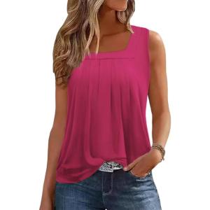 Zeagoo Womens Tank Tops Summer Sleeveless Loose Fit Square Neck Pleated Shirts Banded Basic Casual Trendy Clothes(B-hotpink)