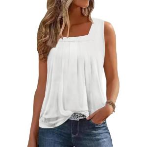 Zeagoo Womens Tank Tops Summer Sleeveless Loose Fit Square Neck Pleated Shirts Banded Basic Casual Trendy Clothes(B-white)