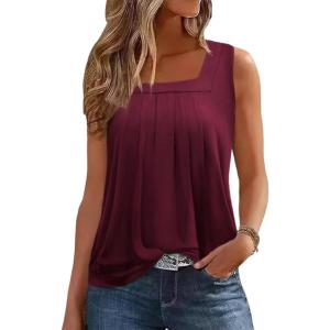 Zeagoo Womens Tank Tops Summer Sleeveless Loose Fit Square Neck Pleated Shirts Banded Basic Casual Trendy Clothes(B-wine Red)