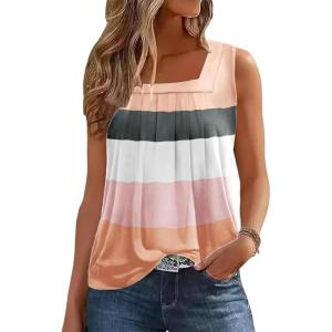 Zeagoo Womens Tank Tops Summer Sleeveless Loose Fit Square Neck Pleated Shirts Banded Basic Casual Trendy Clothes(F-colorblock)