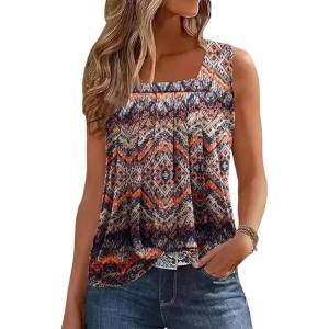 Zeagoo Womens Tank Tops Summer Sleeveless Loose Fit Square Neck Pleated Shirts Banded Basic Casual Trendy Clothes(F-dark Orange)