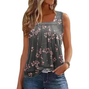 Zeagoo Womens Tank Tops Summer Sleeveless Loose Fit Square Neck Pleated Shirts Banded Basic Casual Trendy Clothes(F-fl Gypsophila Black)