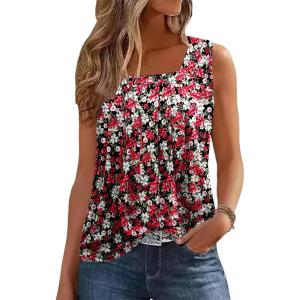 Zeagoo Womens Tank Tops Summer Sleeveless Loose Fit Square Neck Pleated Shirts Banded Basic Casual Trendy Clothes(F-floral Daisies)