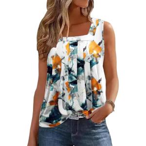 Zeagoo Womens Tank Tops Summer Sleeveless Loose Fit Square Neck Pleated Shirts Banded Basic Casual Trendy Clothes(F-multi Teal)