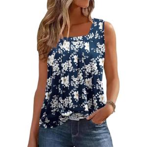 Zeagoo Womens Tank Tops Summer Sleeveless Loose Fit Square Neck Pleated Shirts Banded Basic Casual Trendy Clothes(F-white Floret)