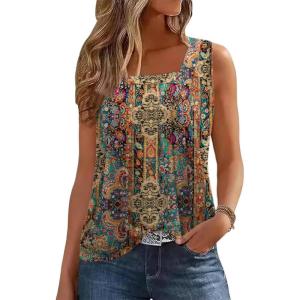 Zeagoo Womens Tank Tops Summer Sleeveless Loose Fit Square Neck Pleated Shirts Banded Basic Casual Trendy Clothes(Pattern 721)